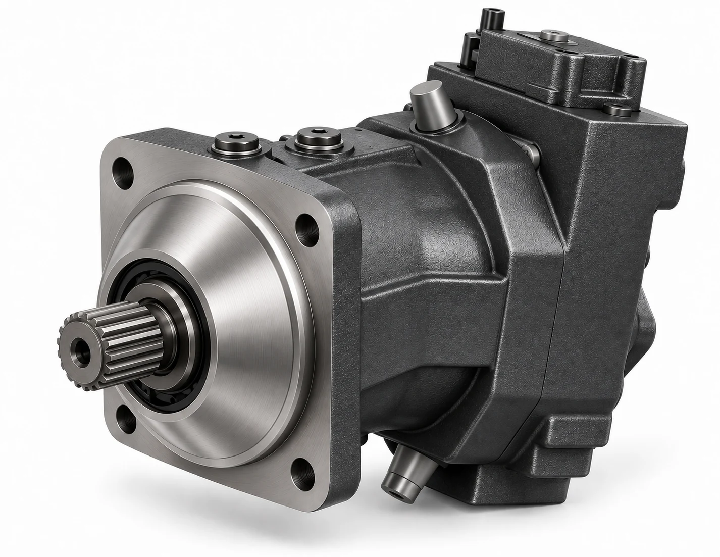 bosch rexroth a7vo107 — Bosch Rexroth A7VO Axialkolben-Verstellpumpe in Graphitgrau, frontale 50-Grad-Ansicht