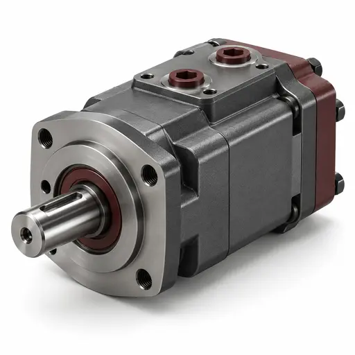 Bucher Wuxi series hydraulic gear motor with front mounting flange and drive shaft.