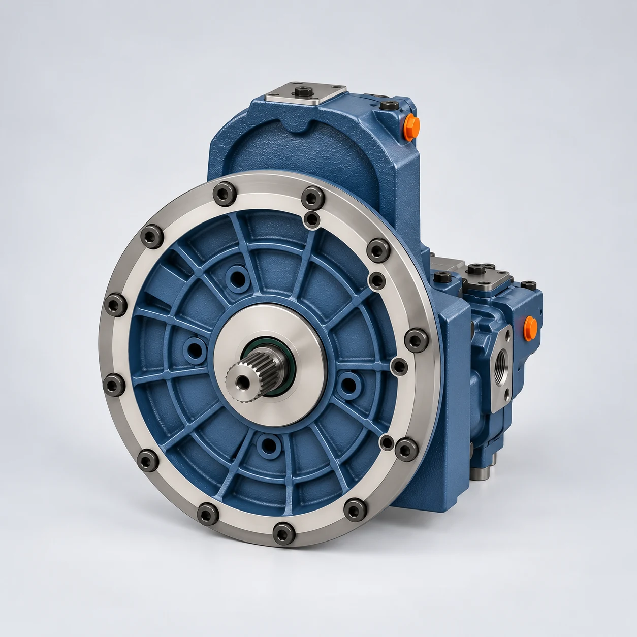 Illustration of the Liebherr DPVP parallel axial piston pump assembly with splined shaft and auxiliary pump